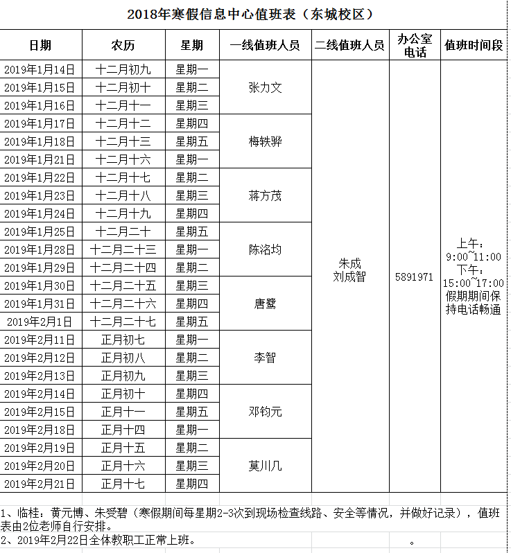 2018年寒假信息中心值班表